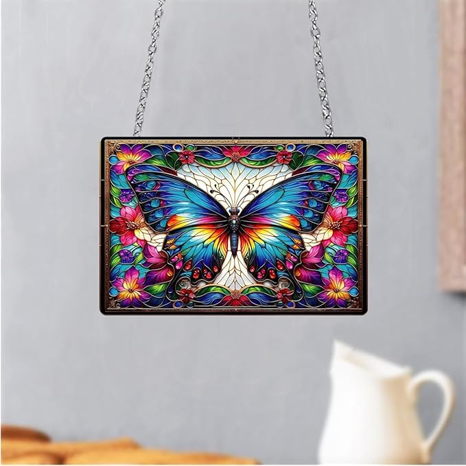 Stained Glass Style Rectangular Window Hanging Decor - Acrylic Colorful Butterfly & Flower - Suncatchers for Bedroom, Garden, Ideal for Home Decoration for Butterfly Lovers