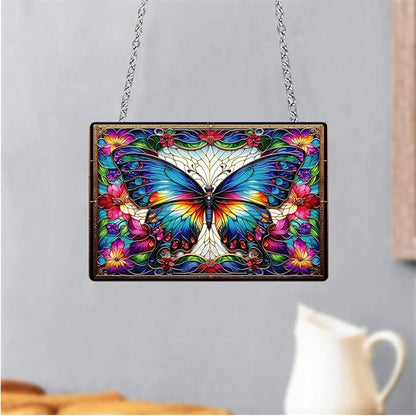 Stained Glass Style Rectangular Window Hanging Decor - Acrylic Colorful Butterfly & Flower - Suncatchers for Bedroom, Garden, Ideal for Home Decoration for Butterfly Lovers