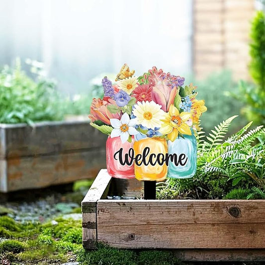 Decorative Garden Stakes, Welcome Yard Sign, Metal Arrangement Ornaments for Courtyard Lawn, Rusty Outdoor Decortions for Easter Housewarming (H)