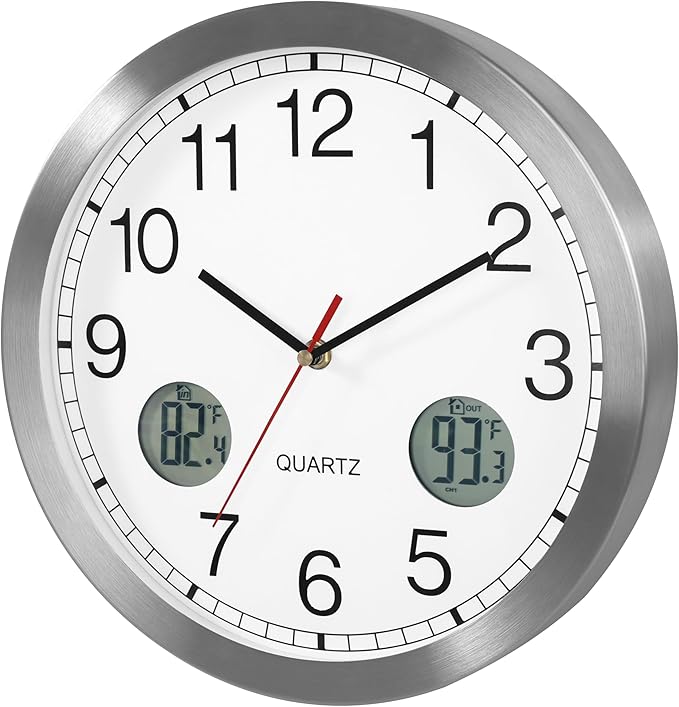jomparis Outdoor Clock with Outdoor and Indoor Thermometer Combo,12 Inch Metal Frame Outdoor Wall Clock for Patio Pool (Silver)