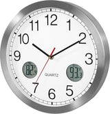 jomparis Outdoor Clock with Outdoor and Indoor Thermometer Combo,12 Inch Metal Frame Outdoor Wall Clock for Patio Pool (Silver)