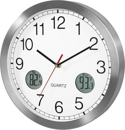 jomparis Outdoor Clock with Outdoor and Indoor Thermometer Combo,12 Inch Metal Frame Outdoor Wall Clock for Patio Pool (Silver)