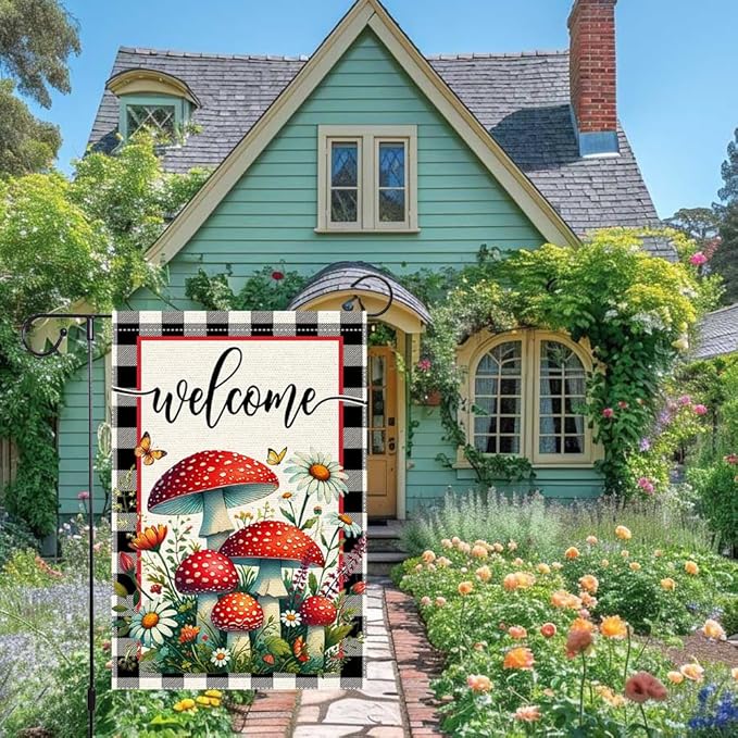 Welcome Mushrooms Garden Flag 12x18 Inch Burlap Double Sided, Buffalo Plaid Flowers Butterfly Colorful Floral Small Home Yard Outdoor Lawn Decor Rustic Farmhouse Flags Decorations