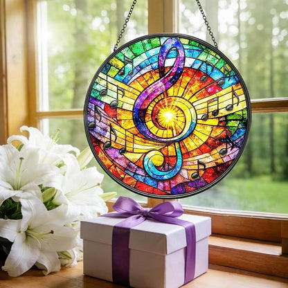 Music Note Stained Glass Window Hanging - Round Musical Suncatcher with Chain, Colorful Glass Ornament for Music Studio Home Garden Decor Gift, 8 Inch