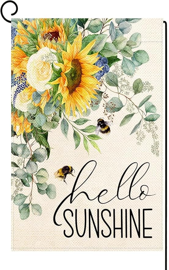 Baccessor Hello Sunshine Spring Garden Flag Sunflower Bee Eucalyptus Leaves Yard Flag 12.5 X 18 Inch Double Sided Burlap Small Spring Summer Flag for Outside Decor