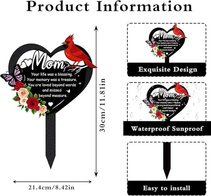 Grave Decorations for Cemetery - Memorial Mom Metal Graves Stakes Outdoors Heart Cardinals Remembrance Plaque Black Waterproof Flower Graveside Burial Decor Sympathy Gifts for Loss of Mother