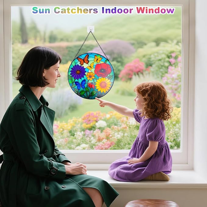 Wildflowers Stained Glass Window Hanging, Wildflowers Suncatcher for Indoor Window, Floral Stained Glass Decor for Garden, Home, Outdoor, Sun Catchers Birthday Gift for Women,Lovers and Mom 12 Inch