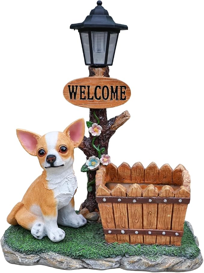 Solar Garden Statue with Planter & Solar Lantern, Outdoor Resin Animal Sculpture, Waterproof Yard Lawn Decor Pot for Succulents, Front Porch Ornament Housewarming Gift (Chihuahua)