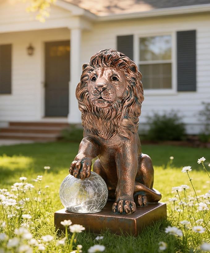 Nacome Guardian Lion Garden Decor: Outdoor Decoration Statue with Ball Lights for Yard Art Porch Patio Balcony - Unique Birthday Choice for Women Mom Lover - 9.45in (Copper)
