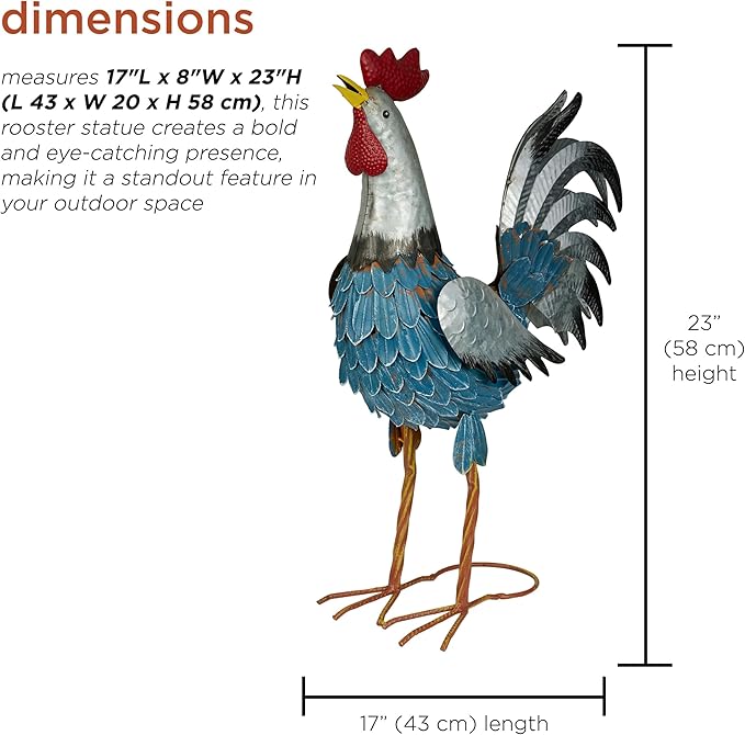 Alpine Corporation 23" Tall Outdoor Metal Silver Tail Rooster Statue with Vibrant Design, Garden Decor, Silver/Blue