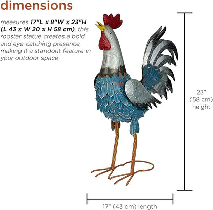 Alpine Corporation 23" Tall Outdoor Metal Silver Tail Rooster Statue with Vibrant Design, Garden Decor, Silver/Blue