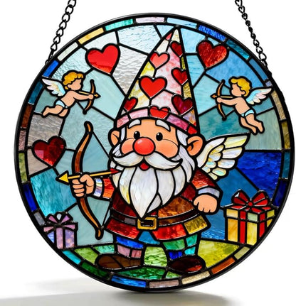 Funoasis Romantic Valentine's Day Stained Glass 6.3 Inches Suncatcher - Cupid Arrow and Heart Ornaments Window Hanging Gift for Her & Him