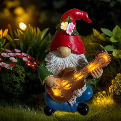 Solar Garden Gnome Figurine with Light Up Guitar - 8" Hippie Outdoor Statue with Lights, Resin Garden Decor | Funny Lawn Ornament & Garden Gift