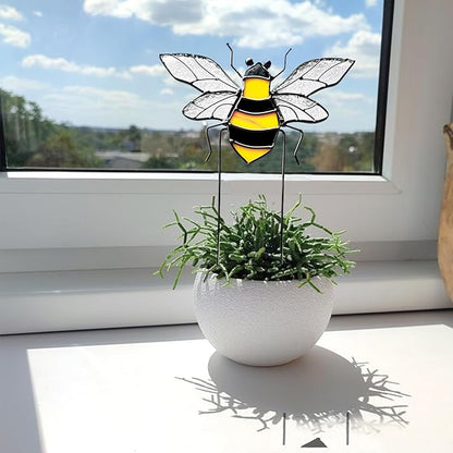 Bee Garden Stake Decor, Stained Glass Indoor Window Suncatcher Home Decor Yard Art Ornaments Gifts for Bee Lover Mom Teacher Indoor Outdoor Lawn Pathway Patio Plant Pot Flower Bed