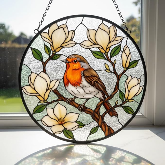 Robin Stained Glass Suncatcher Window Hanging, Bird Ornament Decor for Window, Robin Ornament for Women, Nature Lovers Gift Idea, Bird Suncatcher Stained Glass, Nature Decor for Home