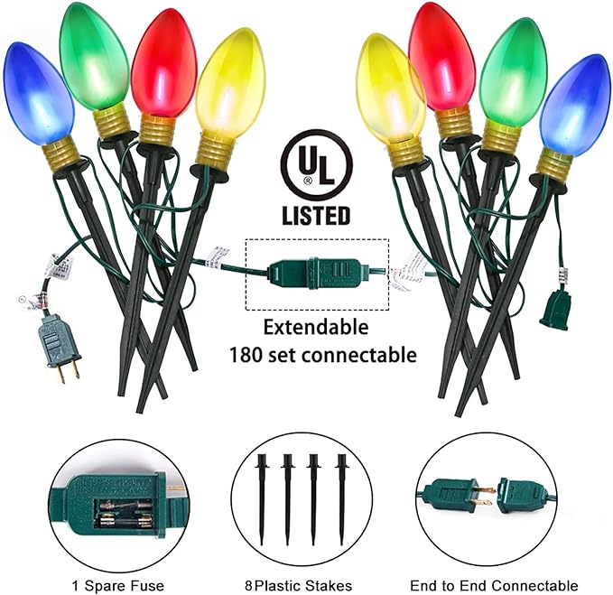 Jumbo Outdoor Christmas Lights Pathway, 2 Pack 7 Ft Jumbo C9 LED Christmas Pathway Lights Outdoor with Marker Stakes, 8 Multicolor Bulbs Holiday Pathway Lights for Lawn Yard Decor