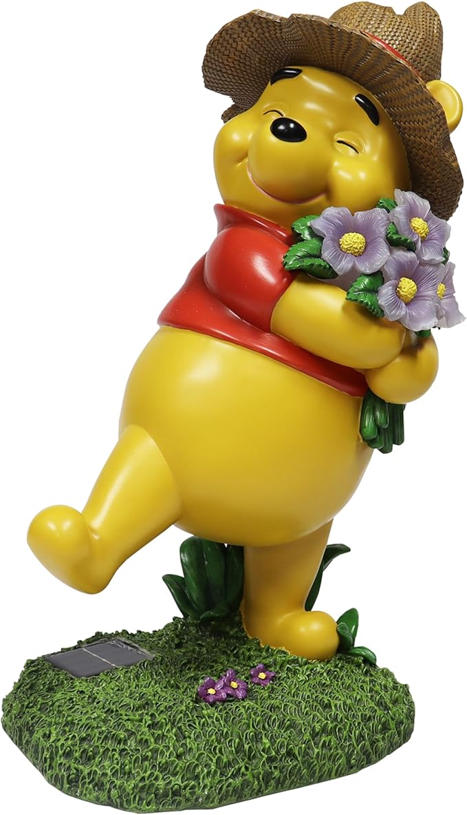 MOMENTS IN TIME Disney Winnie The Pooh Garden Statue Solar Lighted Outdoor 18.9” Figurine Hand-Painted Polyresin Pooh Bear with Flowers Whimsical Yard Lawn Patio Décor
