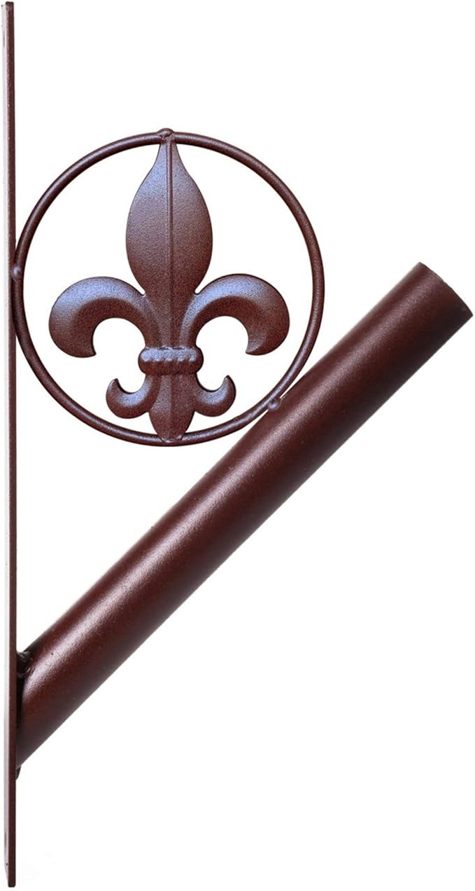 Flag Pole Holder – Fleur de Lis Rustic Iron Bracket Mount Outdoor Wall Décor for House, Metal Decorative Mounted Holders for Poles, Flags, and Banner for Outside Porch, 1-1/8” Inner Diameter (Brown)
