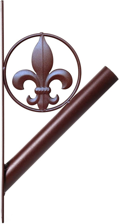 Flag Pole Holder – Fleur de Lis Rustic Iron Bracket Mount Outdoor Wall Décor for House, Metal Decorative Mounted Holders for Poles, Flags, and Banner for Outside Porch, 1-1/8” Inner Diameter (Brown)