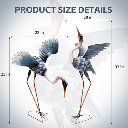 WONDER GARDEN Blue Heron Statue-Garden Statues for Outside - 2 Pack Crane Sculptures Statue, Metal Birds Yard Art for Pond, Patio, Outdoor, Porch Decor