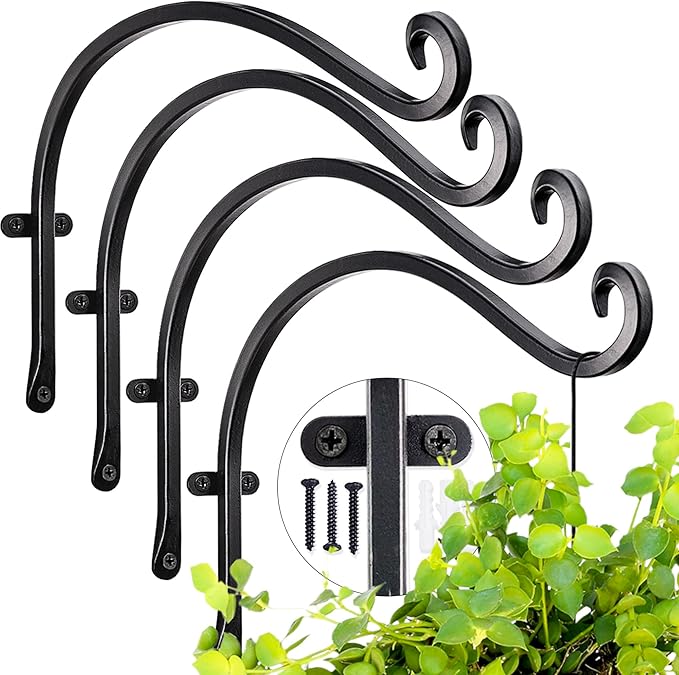 AJART Hanging Plant Hanger Outdoor: 12-Inch Metal Bird Feeder Wall Hooks - 4 Pieces Black Plant Bracket Hook for Hanging Flower Baskets