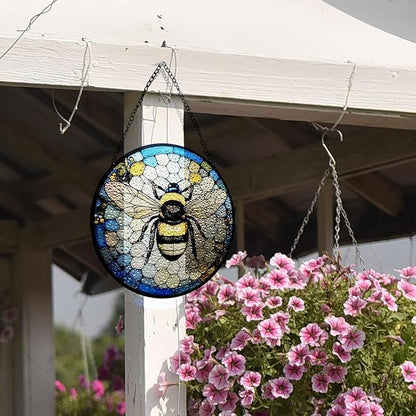Ice Crack Bee Stained Glass Window Hanging, Bumblebee on Honeycomb Suncatchers for Windows Hanging Ornament for Home, Mother's Day Birthday Gift for Mom Grandma (8""/20cm)