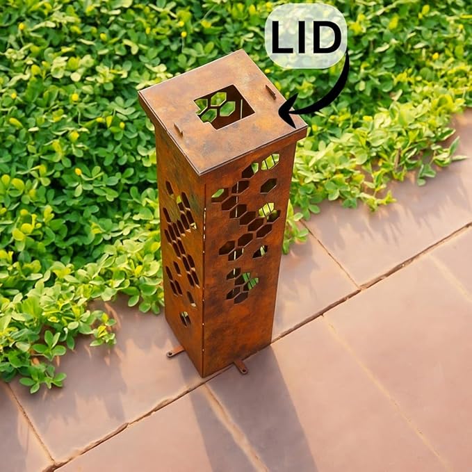 Rusted Metal Garden Column Outdoor Yard Art Decor, Weathered Steel Landscape Sculpture for Pathway Driveway Patio Lawn with Honeycomb Cutout Design with LID ON TOP