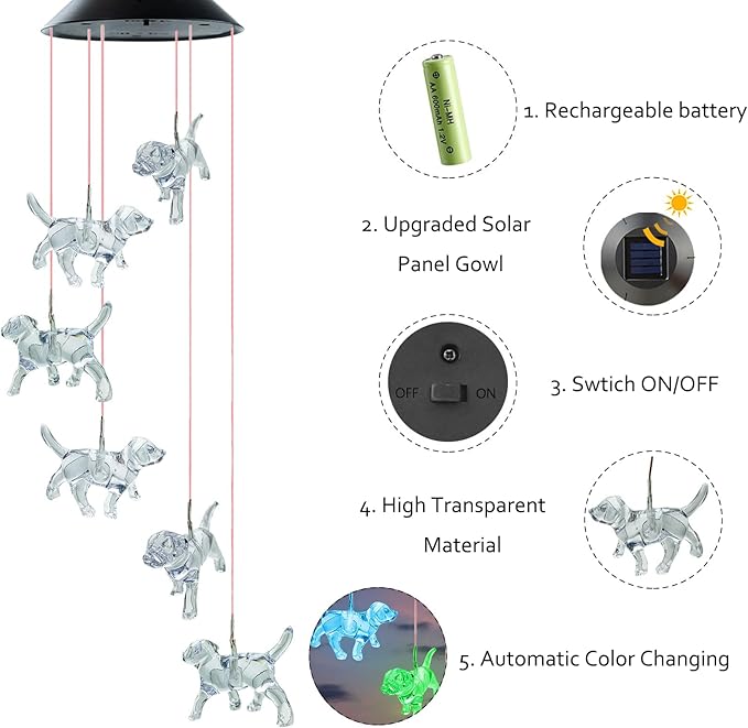 Solar Wind Chimes, Dog Wind Chimes Gifts for Mom Grandma Women Wife Girls, IP65 Waterproof Hanging Memorial Windchimes with 7 Color Changing LED Lights for Outside Garden Yard Decorations
