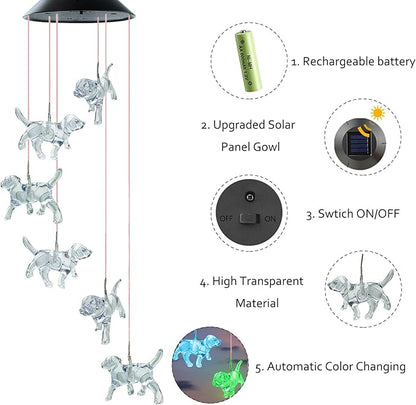 Solar Wind Chimes, Dog Wind Chimes Gifts for Mom Grandma Women Wife Girls, IP65 Waterproof Hanging Memorial Windchimes with 7 Color Changing LED Lights for Outside Garden Yard Decorations