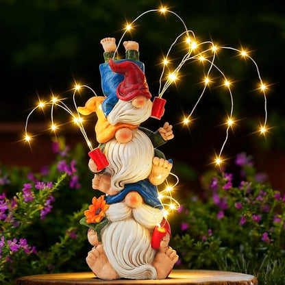 Gnomes Decorations for Yard, Triple Stacked with DIY Firework Lights, Solar Garden Gnome Outdoor Decor Statue for Patio Lawn, Mothers Day Birthday Gift for Mom Grandma (11.5in)