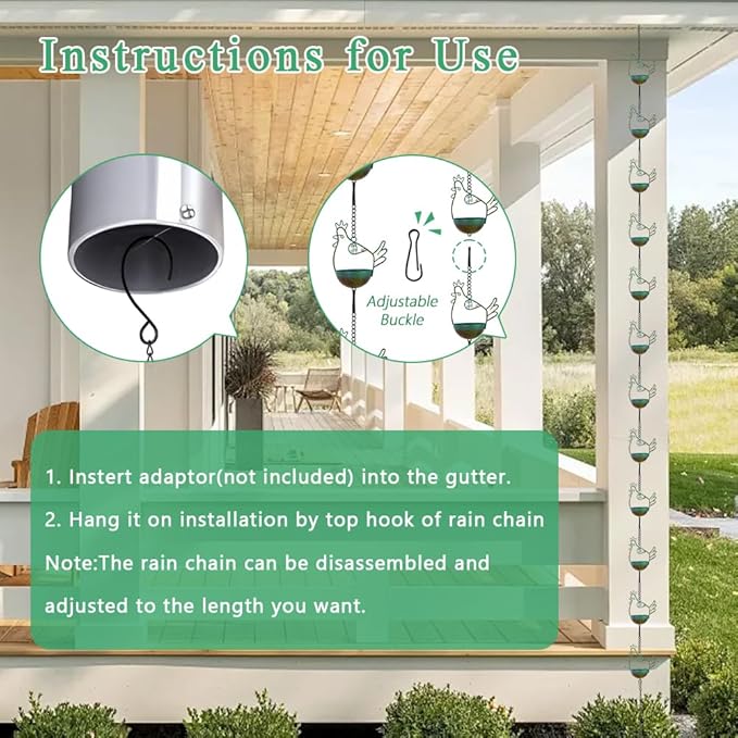 10.6FT Rain Chains for Gutter, Chicken Decorative Rain Chain with 12 Cups, Adjustable Rain Catcher Chain for Eaves Drainage, Replacement for Downspout