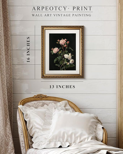 ARPEOTCY Vintage Gold Framed Wall Art, 13x16 inch Classic Floral Pink White Roses Paintings, Victorian Wall Decor for Living Room Bedroom, Canvas Prints Antique Pictures Frame for Room Decor