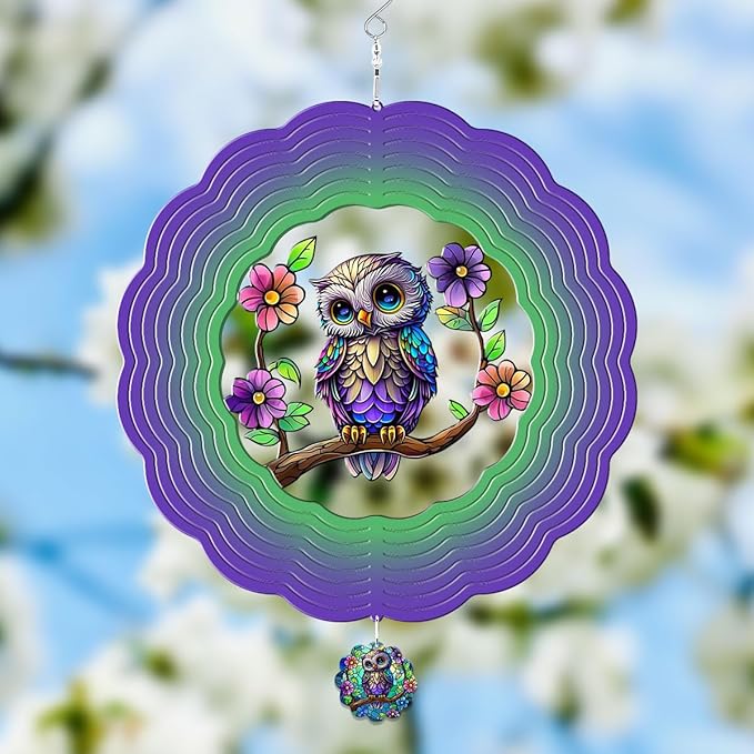 GENANY Owl Hanging Wind Spinners for Women Men, 12 Inch Metal 3D, Stainless Steel Hanging Wind Catchers Sculpture for Outside, Outdoor Spring Decoration, Unique Gift