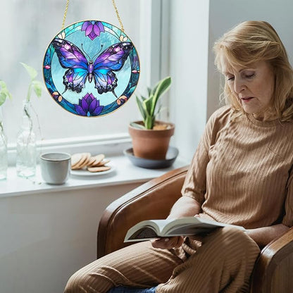 Butterfly Stained Glass Window Hanging, 7.8" Hand-Painted Sun Catcher Glass Panel Wall Art Decor with Chain, Butterfly Gifts for Women Mom Grandma, Outdoor Indoor Art Decor for Home Garden