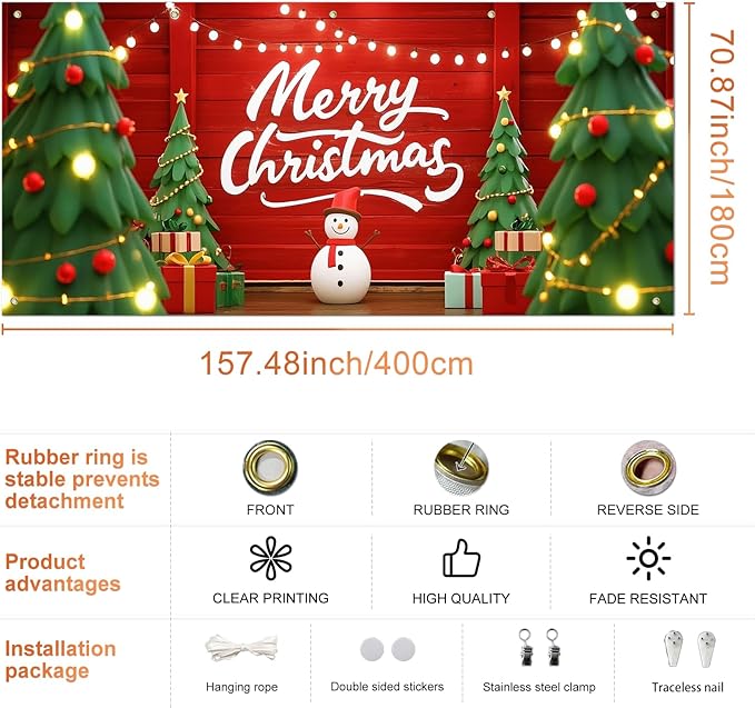 IVN Christmas Garage Door Cover Decoration 13x6ft Snowman Cartoon Trees String Lights Design Merry Christmas Winter Garage Door Banner Home Door Front Yard Decor for Xmas Eve Holiday Outdoor