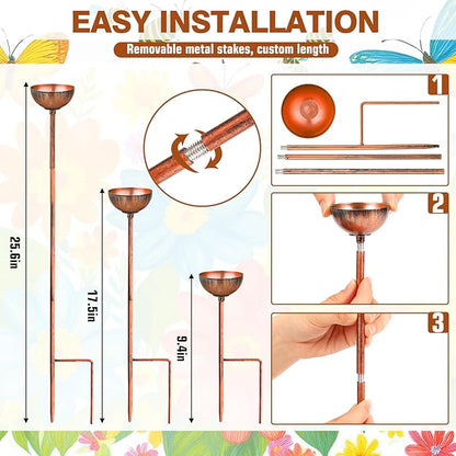 Teenyyou 6 Pcs Bee Watering Station for Garden Bee Metal Watering Cups Butterfly Water Feeder Small Insects Bath Bowl Cups Metal Stakes for Outdoor Garden Decor, Copper