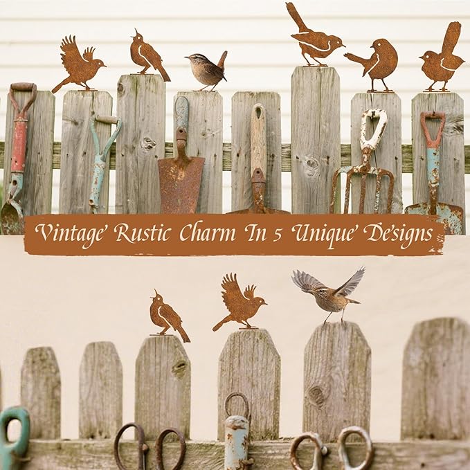 5PCS Rusty Bird Decor, Garden Sculptures and Yard Art, Yard Decorations Outdoor, Metal Bird Wall Decor, Fence Decorations Outdoor, Rustic Garden Decor, Outdoor Statues, Metal Birds Yard Decor