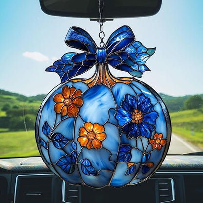 Blue Floral Pumpkin Acrylic Suncatcher Stained Glass Effect Window Car Hanging Christmas Ornament Indoor Outdoor Decor Garden Sun Catcher Panel for Halloween Lover for Women Mom Grandma