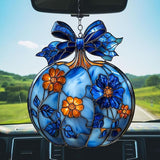 Blue Floral Pumpkin Acrylic Suncatcher Stained Glass Effect Window Car Hanging Christmas Ornament Indoor Outdoor Decor Garden Sun Catcher Panel for Halloween Lover for Women Mom Grandma