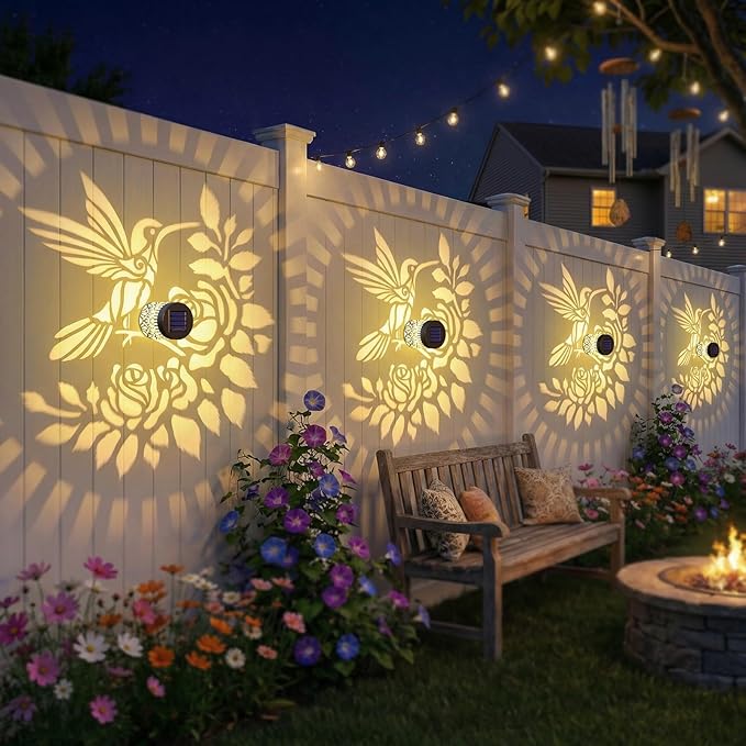 2 Pack Solar Fence Lights Outdoor Wall Lights Metal Solar Powered Deck Step Stair Lights Hummingbird Theme Waterproof Fence Solar Light for Garden Post Patio Yard Decor, Gardening Gifts for Women Mom