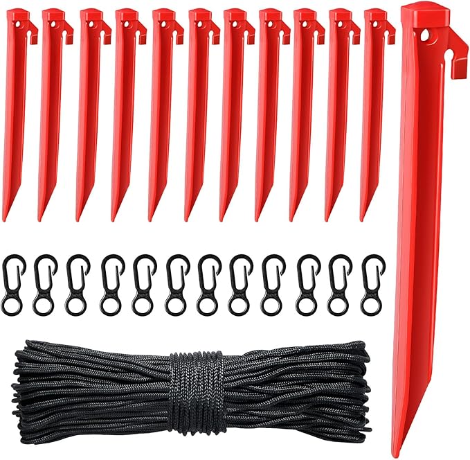 Plastic Inflatable Stakes Set for Halloween Christmas Holiday Inflatables Garden Decorations, Include 12PCS Inflatable Tent Stakes, 12Pcs of Hooks, and 65.5 FT Rope