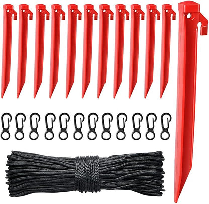 Plastic Inflatable Stakes Set for Halloween Christmas Holiday Inflatables Garden Decorations, Include 12PCS Inflatable Tent Stakes, 12Pcs of Hooks, and 65.5 FT Rope
