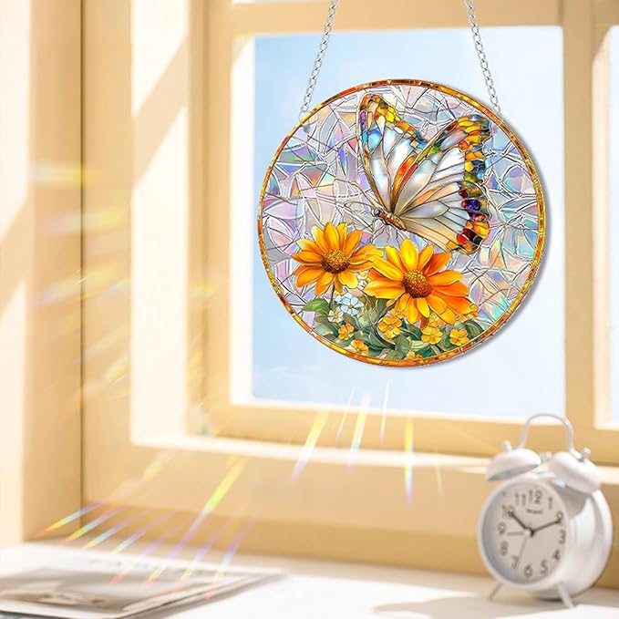 Banax Stained Glass Window Hanging Sunrise Suncatcher, 8 Inch Round Sunflower Glass Sun Catcher for Window Wall Art for Home, Patio, Porch, Outdoor Garden Décor Gift