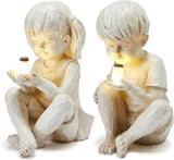 Large Garden Children Statues Light Up Firefly Jar Solar Powered | Set of 2 Figurines | Girl & Boy Garden Yard Art Décor, Indoor & Outdoor Ornament Gifts for Lawn, Patio , 7.5" W x11. 8”H Cream Gift
