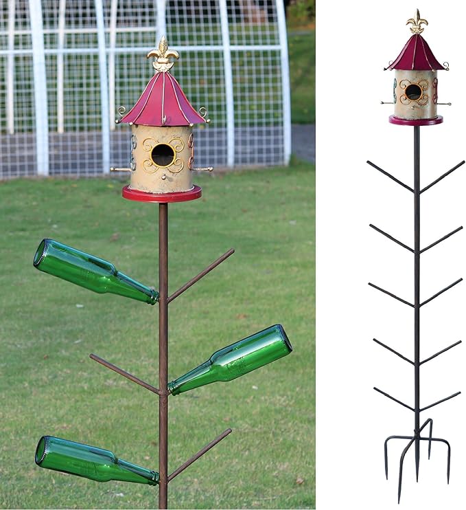 Bird House Bottle Tree for Outdoor Garden, Rust-Proof Metal Bottle Tree Stand, Garden Decorative Bottle Stand