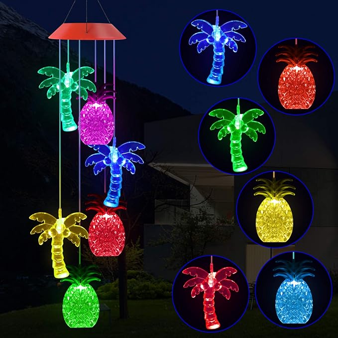 Solawindchime Coconut Tree Pineapple Wind Chimes Gifts for Women, Color Changing Solar Wind Chime Outdoor Waterproof Solar Lights, Romantic Coconut Pineapple Solar Powered Wind Chime Garden Decoration