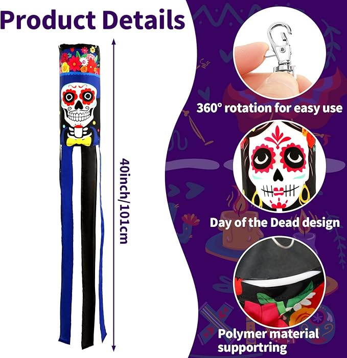 NOVWANG 2 Pcs Day of The Dead Windsocks, Dia de Los Muertos Wind Socks Day of The Dead Hanging Windsock Flag Decoration for Garden Yard Porch Backyard Patio Decor