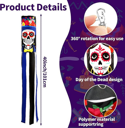 NOVWANG 2 Pcs Day of The Dead Windsocks, Dia de Los Muertos Wind Socks Day of The Dead Hanging Windsock Flag Decoration for Garden Yard Porch Backyard Patio Decor