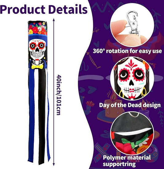 NOVWANG 2 Pcs Day of The Dead Windsocks, Dia de Los Muertos Wind Socks Day of The Dead Hanging Windsock Flag Decoration for Garden Yard Porch Backyard Patio Decor