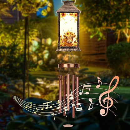 YHmall Highland Cow Wind Chimes for Outside, 37" Windchimes Outdoor Memorial Gifts for Women Mom Grandma, Hanging Solar Lantern Wind Chimes for Patio Garden Outdoor Decor